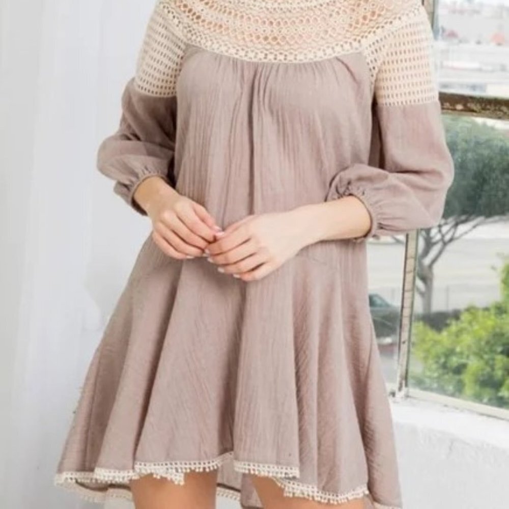 Tunic Dress Flowy Taupe with Crochet Yoke - Picture 2 of 4